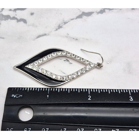 Silver Tone Black Enamel & Rhinestone Statement Dangle Drop Earrings Pierced - Picture 5 of 5